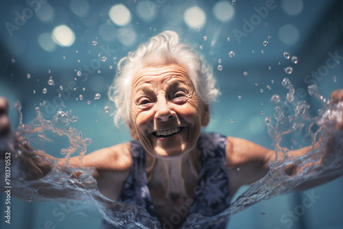 old woman swimming and smiling underwater