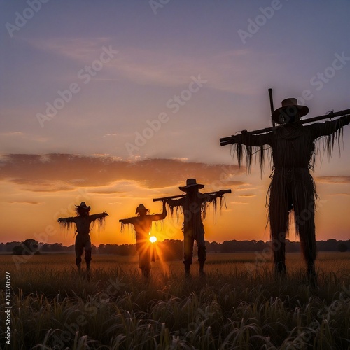 Utilize the sunset to create striking silhouettes of scarecrows against the vibrant evening sky, emphasizing the rural charm of the farm.