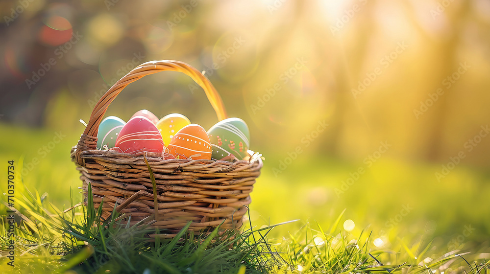Colorful Easter eggs in a pastel basket on a blurred green background under sunlight Colorful Easter eggs in a pastel basket on a blurred green background under sunlight