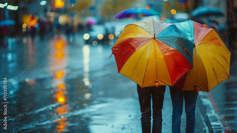 A pair of colorful umbrellas on a rainy city street