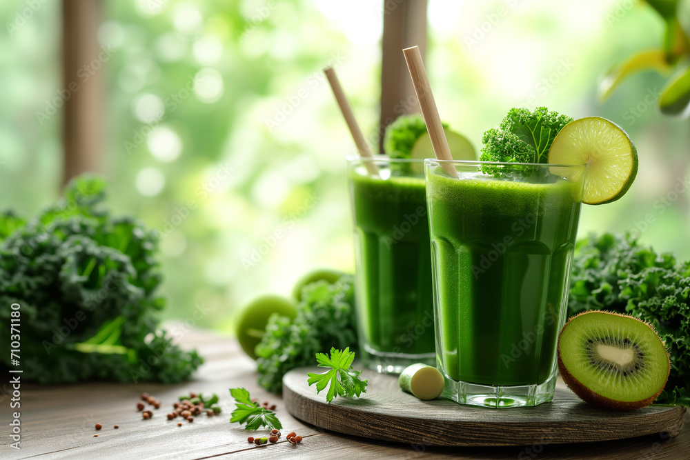 Two glasses of green smoothie with kale and kiwi, with bamboo straws