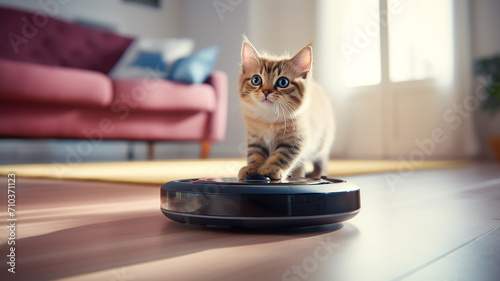 cute cat playing with a robot vacuum cleaner in the interior of the apartment photo