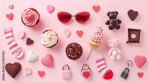 Valentines day desserts and decors set isolated on light pink background photo