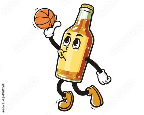 Beer Bottle playing slam dunk basketball cartoon mascot illustration character vector clip art hand drawn