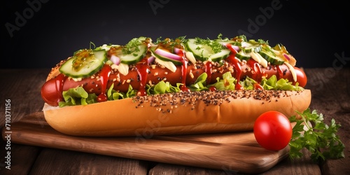 Delicious hot dog with ketchup mustard and cucumber