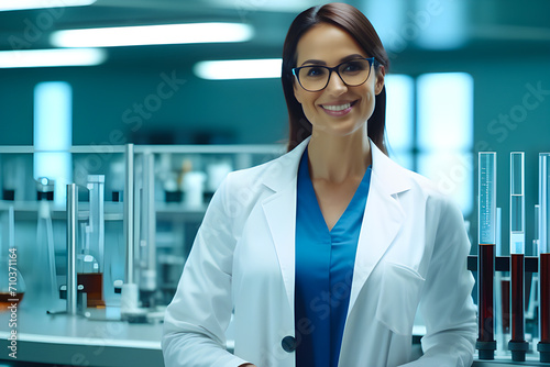 Scientist woman with test tube in science laboratory with smile friendly.