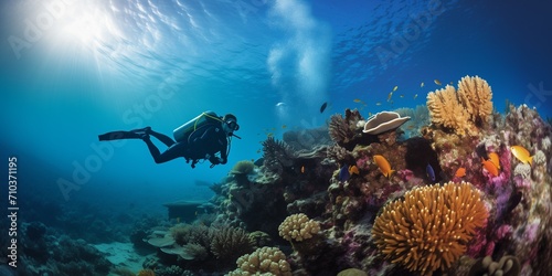 Scuba diver swims among sea reefs
