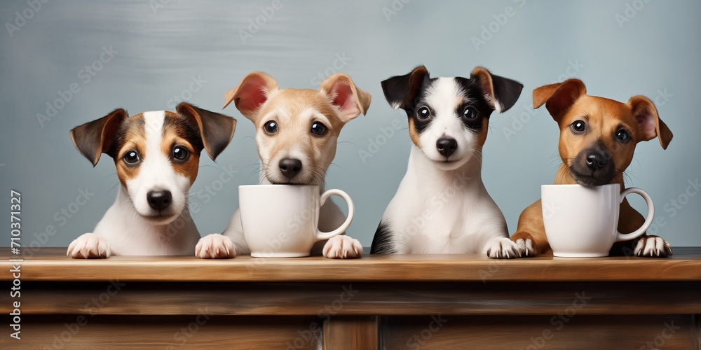 Four Jack Russell Terriers sit in front of cups
