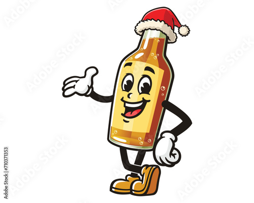 Beer Bottle wearing a Christmas hat cartoon mascot illustration character vector clip art hand drawn