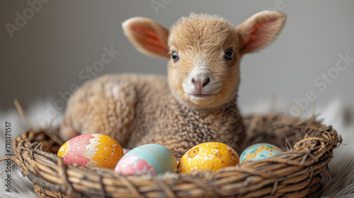 Soft brown lamb surrounded by festive eggs in a woven basket