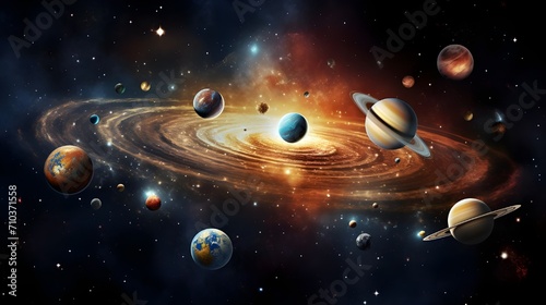 alien planet and space with solar system and earth in galaxy