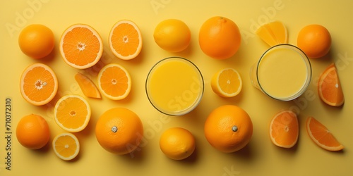 a set of things related to orange juice and compositionally and meaningfully making up a single whole photo