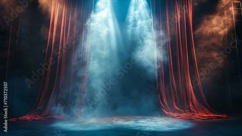 Mystical stage with ethereal blue light and velvet curtains. an enigmatic performance scene. AI