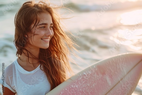 Happy, young woman enjoying a summer surfing adventure at the beach. © radekcho