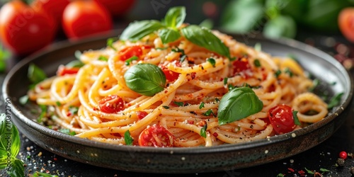 Delicious Italian spaghetti with tomato sauce, basil and parmesan on a wooden table.