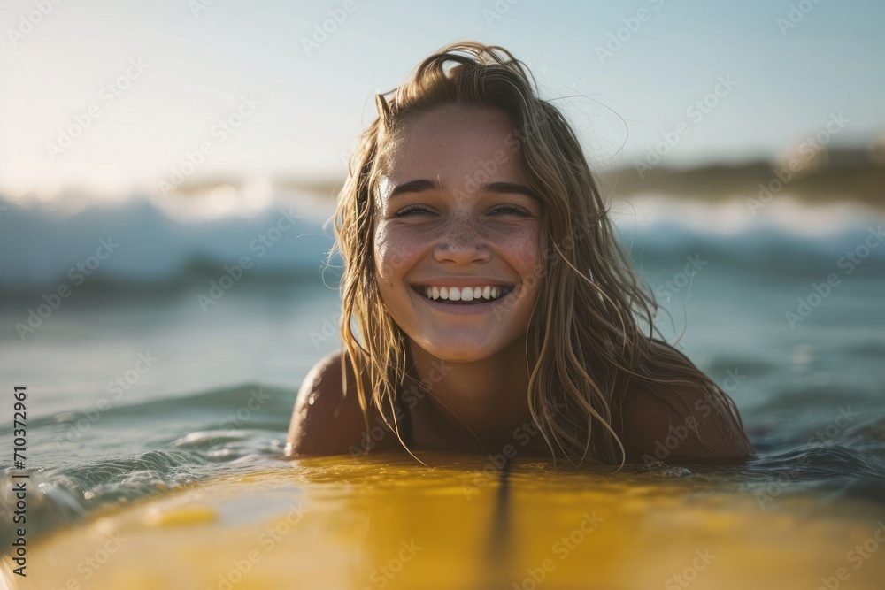 Happy, young woman enjoying a summer surfing adventure at the beach. - obrazy, fototapety, plakaty 