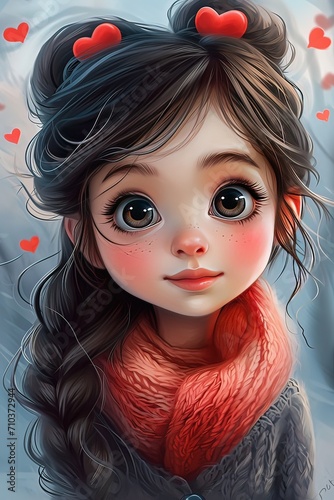 Ai bambina che regge un cuore rosso, cartone animato 3D 04 photo