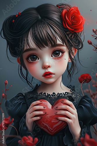Ai bambina che regge un cuore rosso, cartone animato 3D 01