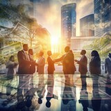 Business photo with double exposure. Men wearing stylish suits hold a discussion, negotiations against the background of tall city buildings. Concept of teamwork, trust and agreement.