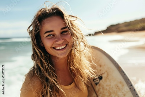 Happy, young woman enjoying a summer surfing adventure at the beach. © radekcho