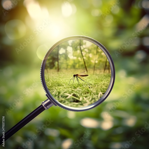 Magnifying glass for mosquitoes or insects in green lawn
