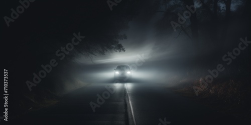 car moving through the fog and its headlights shining in the dark