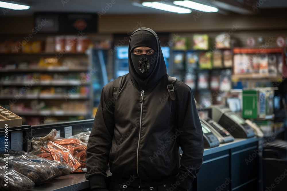 Thief robbing supermarket bokeh style background - obrazy, fototapety, plakaty 