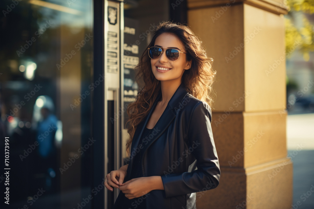 a woman standing behind atm machine a woman standing behind atm machine