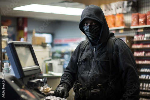 Thief robbing supermarket bokeh style background photo
