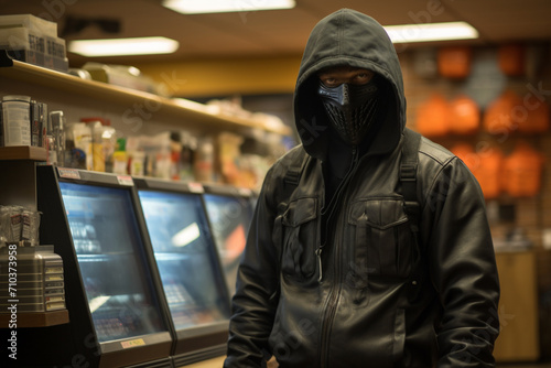 Thief robbing supermarket bokeh style background