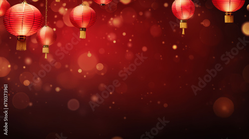 Chinese New Year Product Stand Mockup Background with Red and Gold  Flower  Lantern  and Asian Widgets