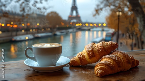 Cozy parisian morning with coffee and croissants. romantic breakfast in france. cityscape view. AI photo