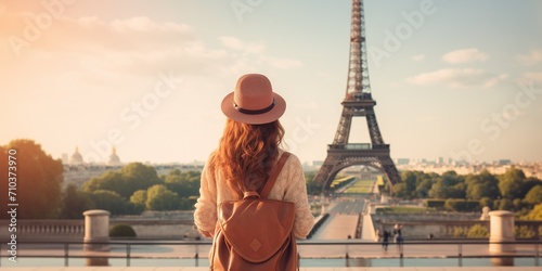 Summer travel concept. A girl stands against the backdrop of a famous landmark © xartproduction