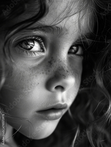 Portrait of a sad little girl. Black and white photo.
