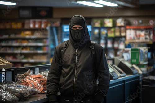 Thief robbing supermarket bokeh style background photo