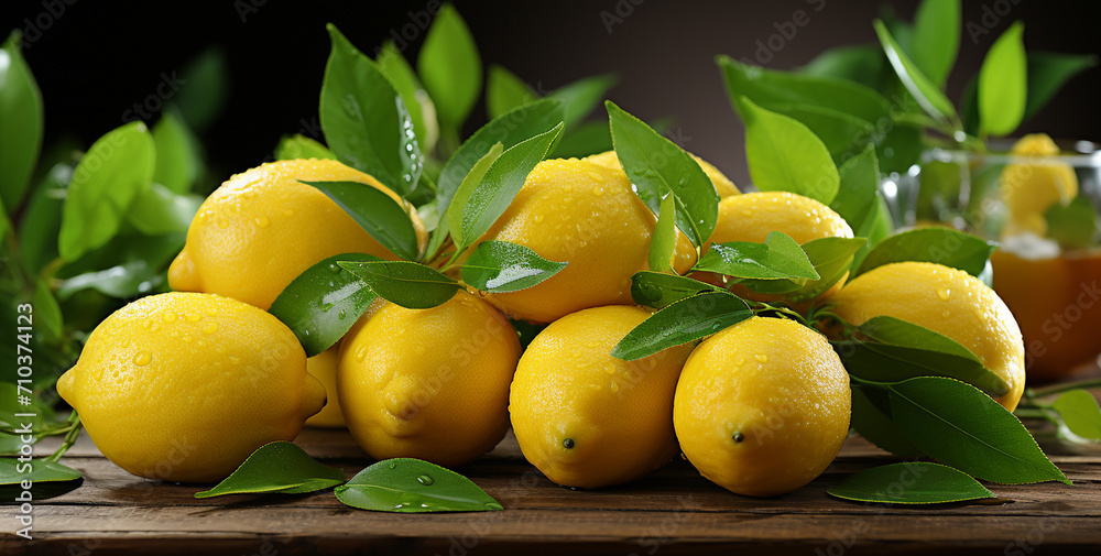fresh yellow lemons with leaves in bowl on black background