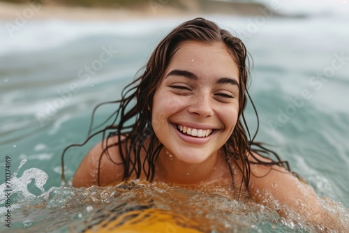 Happy, young woman enjoying a summer surfing adventure at the beach.