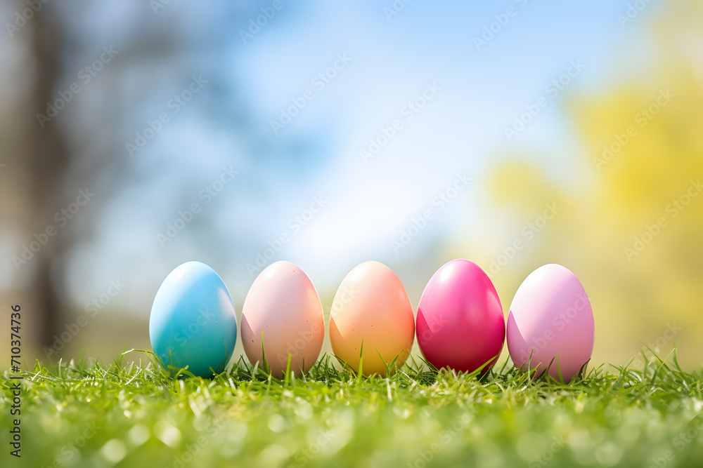 Pastel colored easter eggs in a row on grass with blurry spring scene in background