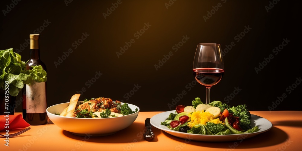 table with plates of food and glasses of wine