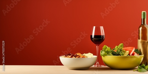 table with plates of food and glasses of wine
