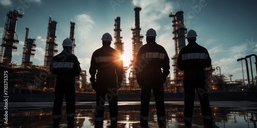 Three oil refinery workers stand in front of a facility