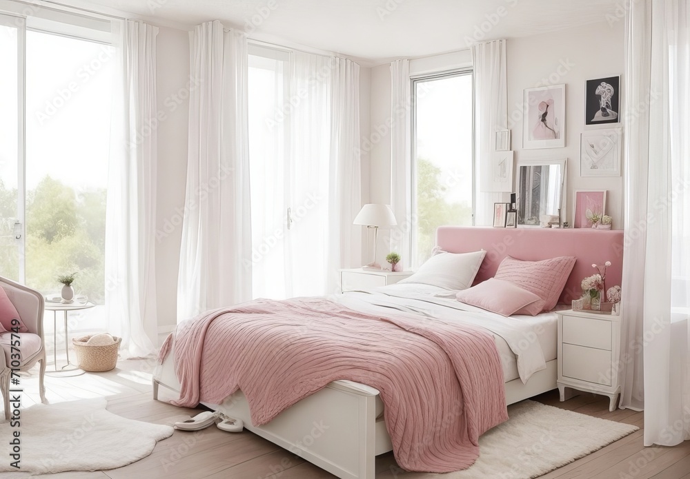 Fototapeta premium Cozy pillows on comfortable big king size bed in bright bedroom interior in elegant apartment 