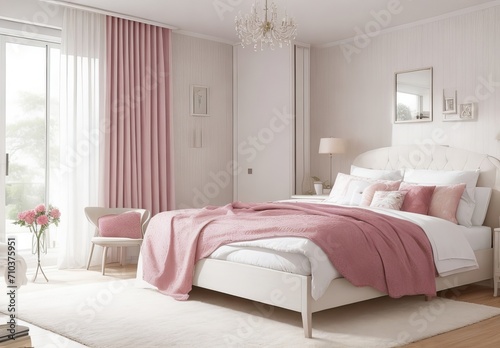 Cozy pillows on comfortable big king size bed in bright bedroom interior in elegant apartment 