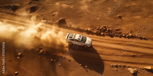 Aerial view of the car race in desert