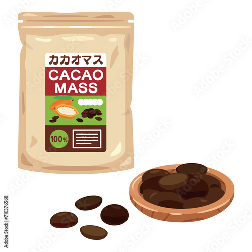 袋入りカカオマスと皿に盛られたカカオマス