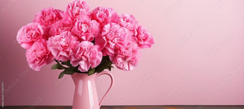 Vibrant pink carnation flowers in a rustic zinc bucket, perfect for celebrating happy mothers day