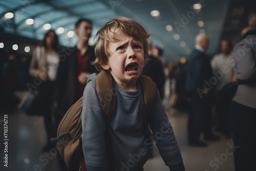 Frightened crying child boy lost in a public place, airport, train station, city street. Upset panic searching for parents in hysterics photo