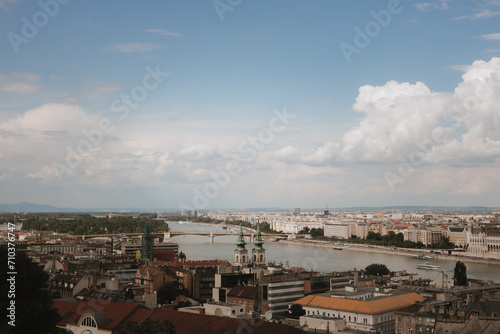 panoramic view of the city of Budapest. With a beautiful blue sky and large white clouds. high quality photo