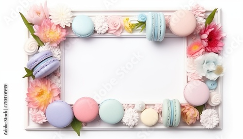  frame with pastel macarons and flowers in spring empty space for text