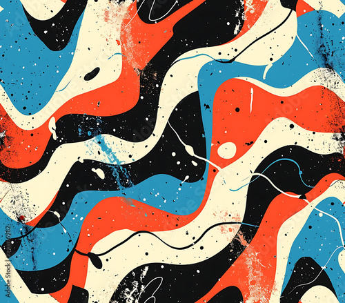 Vivid abstract artwork with wavy shapes and splatter details, seamless pattern